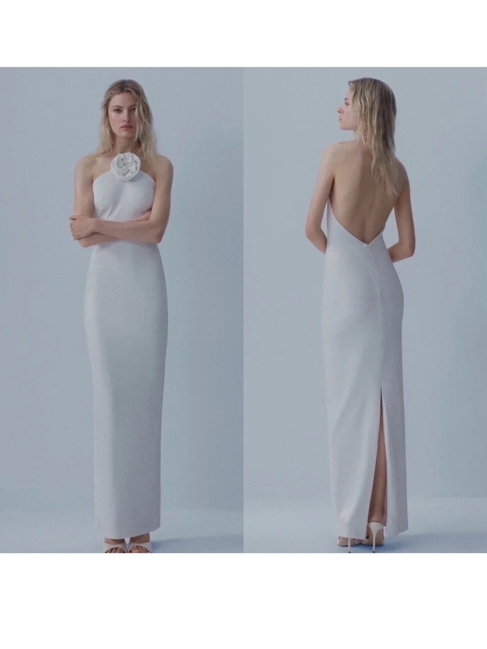NEW $400 MANGO Capsule White Sequin Maxi Dress Bridal Dress with Flower US 4